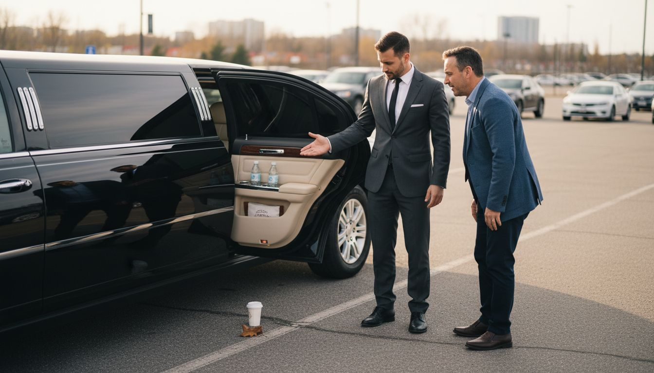 Client viewing luxury limo with chauffeur