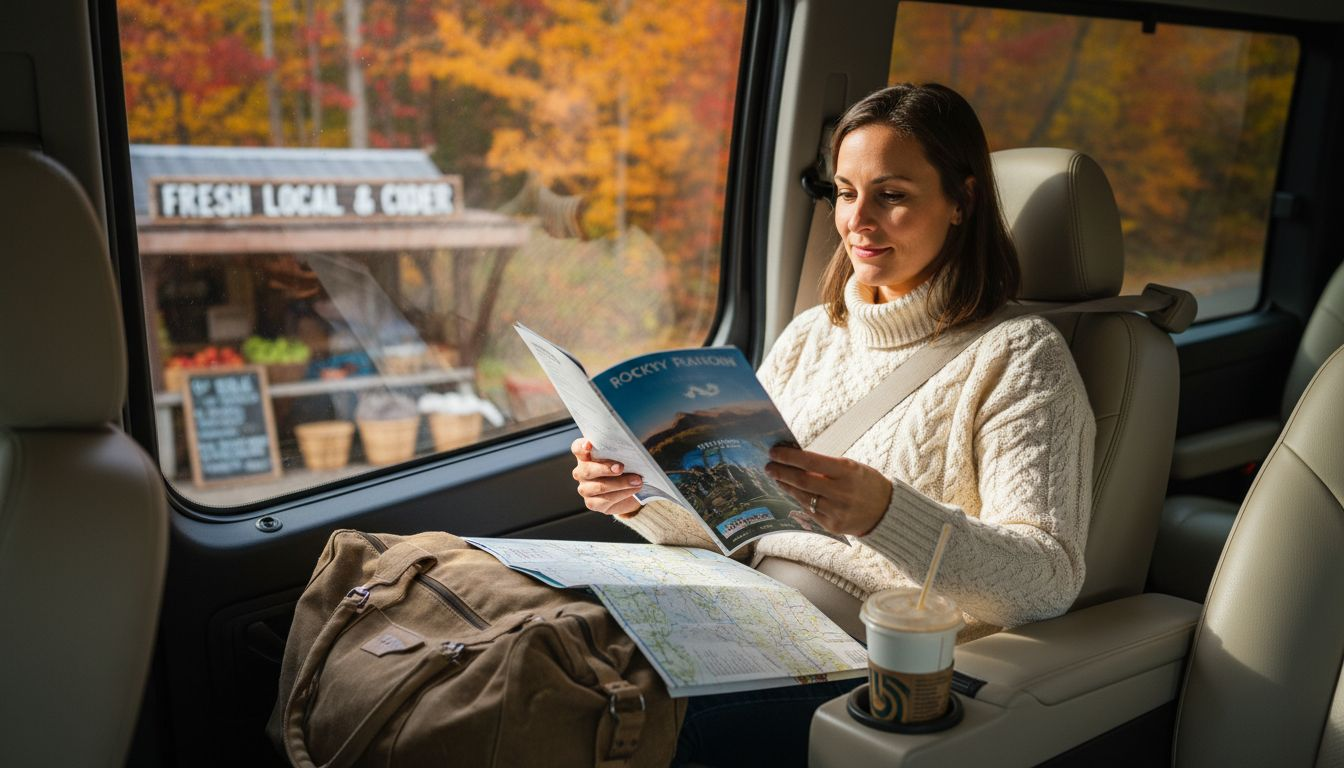 Passenger reading in luxury van on mountain road