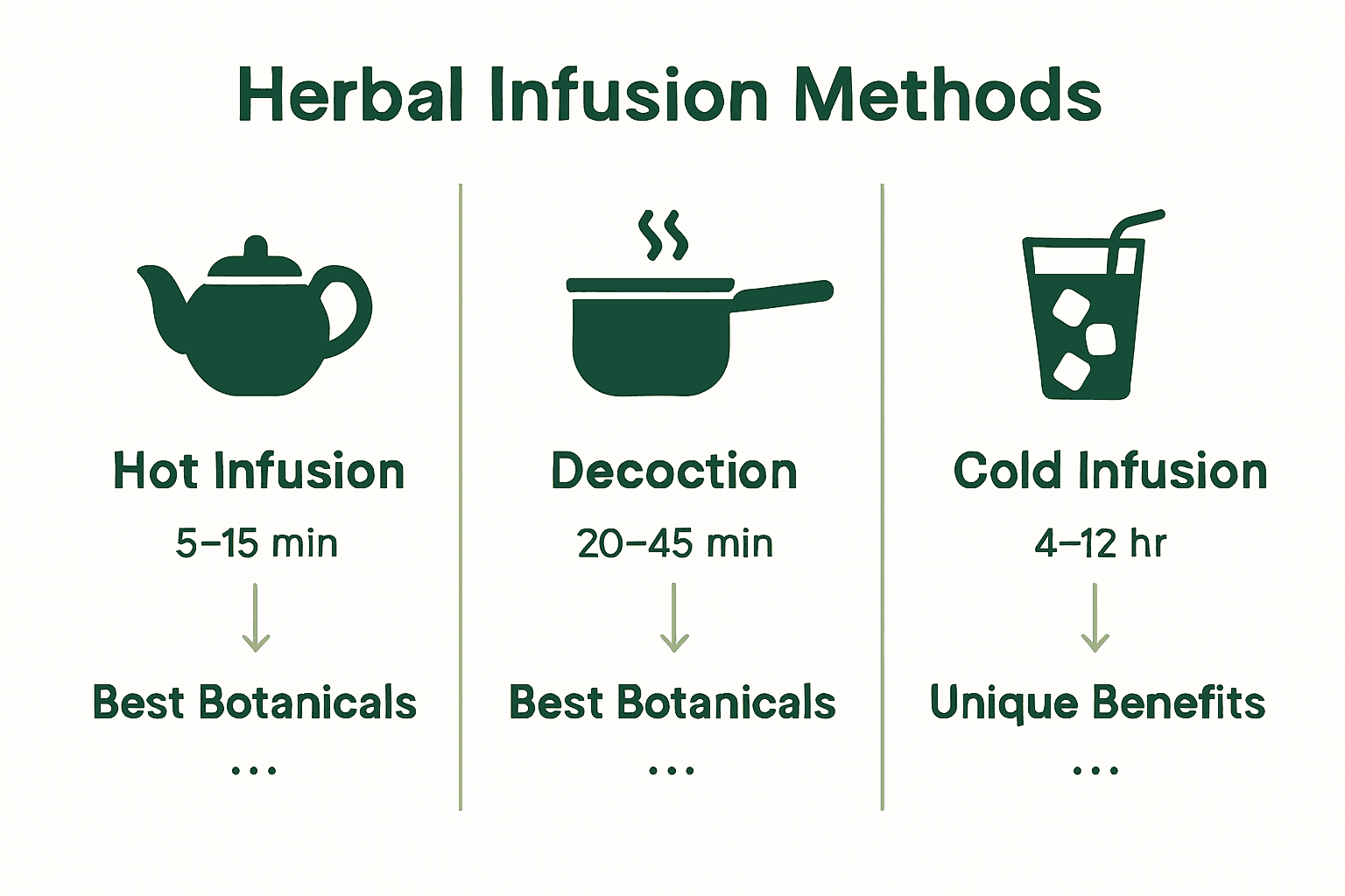 Comparison chart of hot, decoction, and cold infusion methods showing best herbal uses and timing.