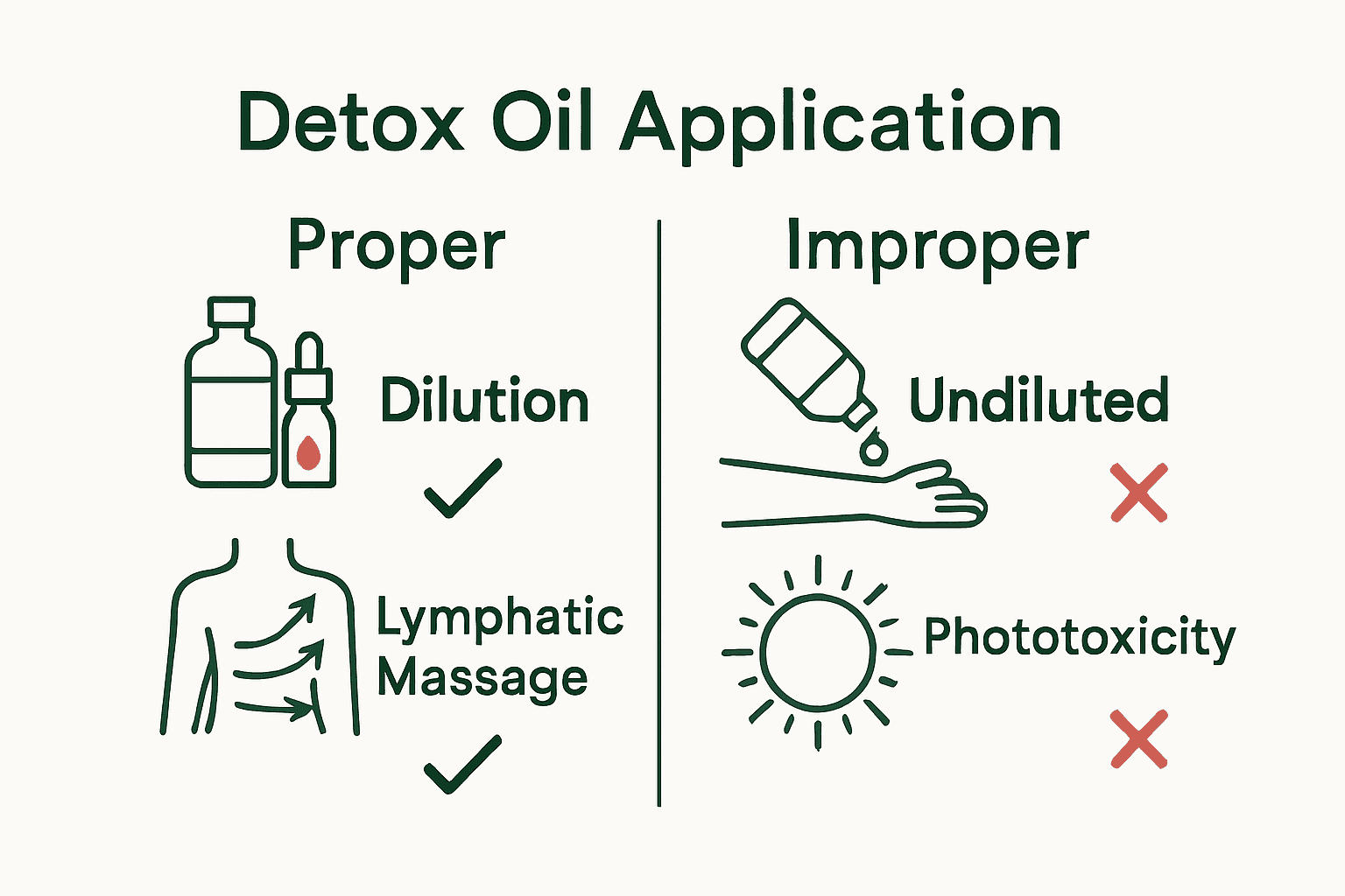 Infographic contrasting safe vs unsafe detox oil application techniques