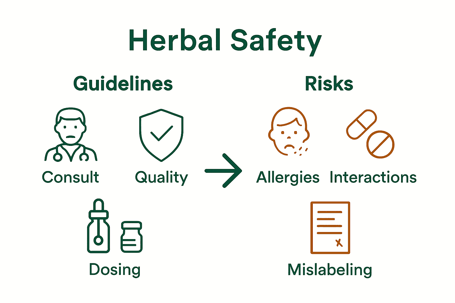 Infographic visually comparing essential herbal remedy safety guidelines and risks.
