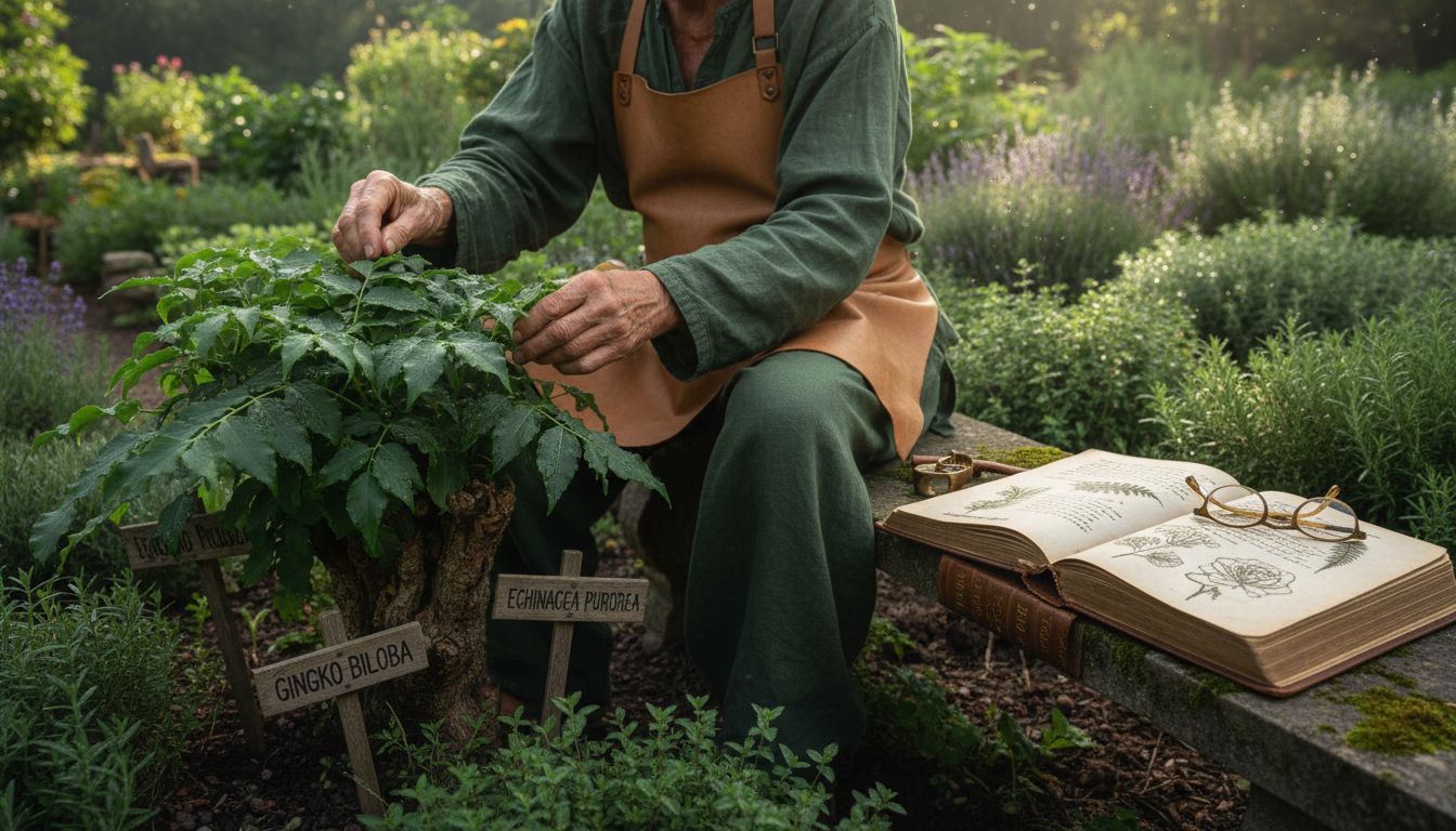 Practitioner studying medicinal plants in garden