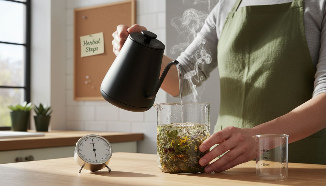 Person pouring hot water over herbs in jar