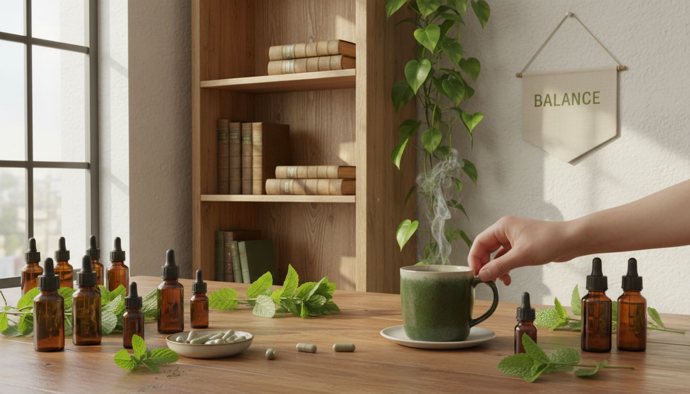 Botanical remedies set in tranquil wellness space