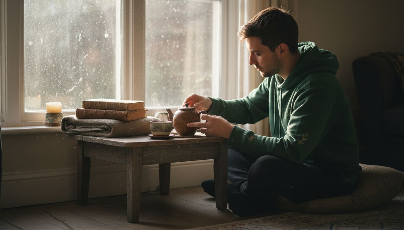 Man prepares cozy herbal detox space