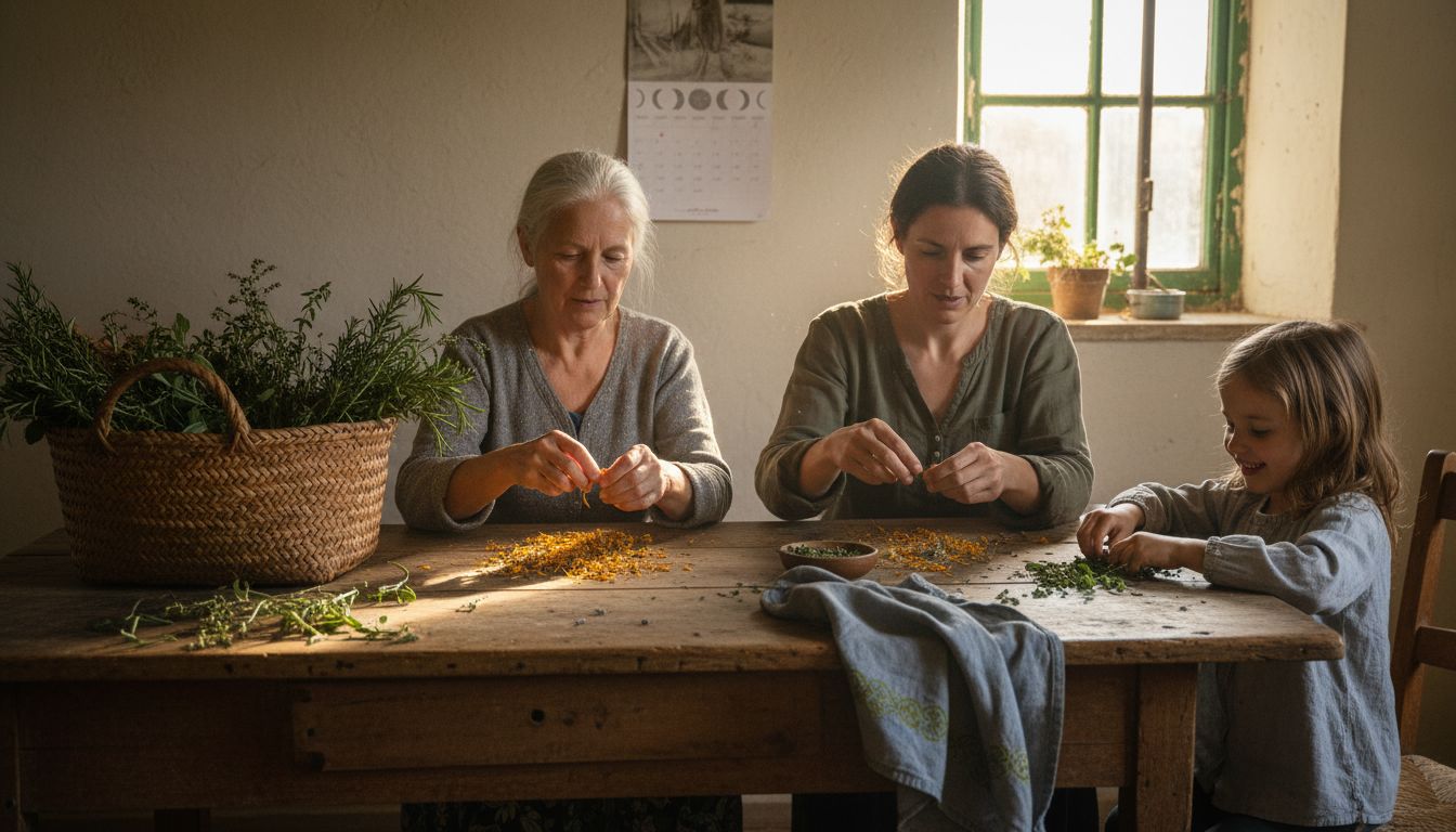 Family sorting herbs at farmhouse table