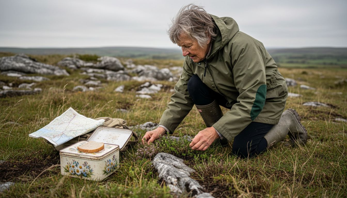 Woman foraging wild herbs in open meadow