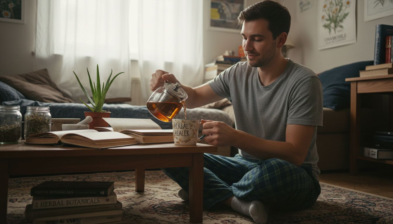 Man making herbal tea at home
