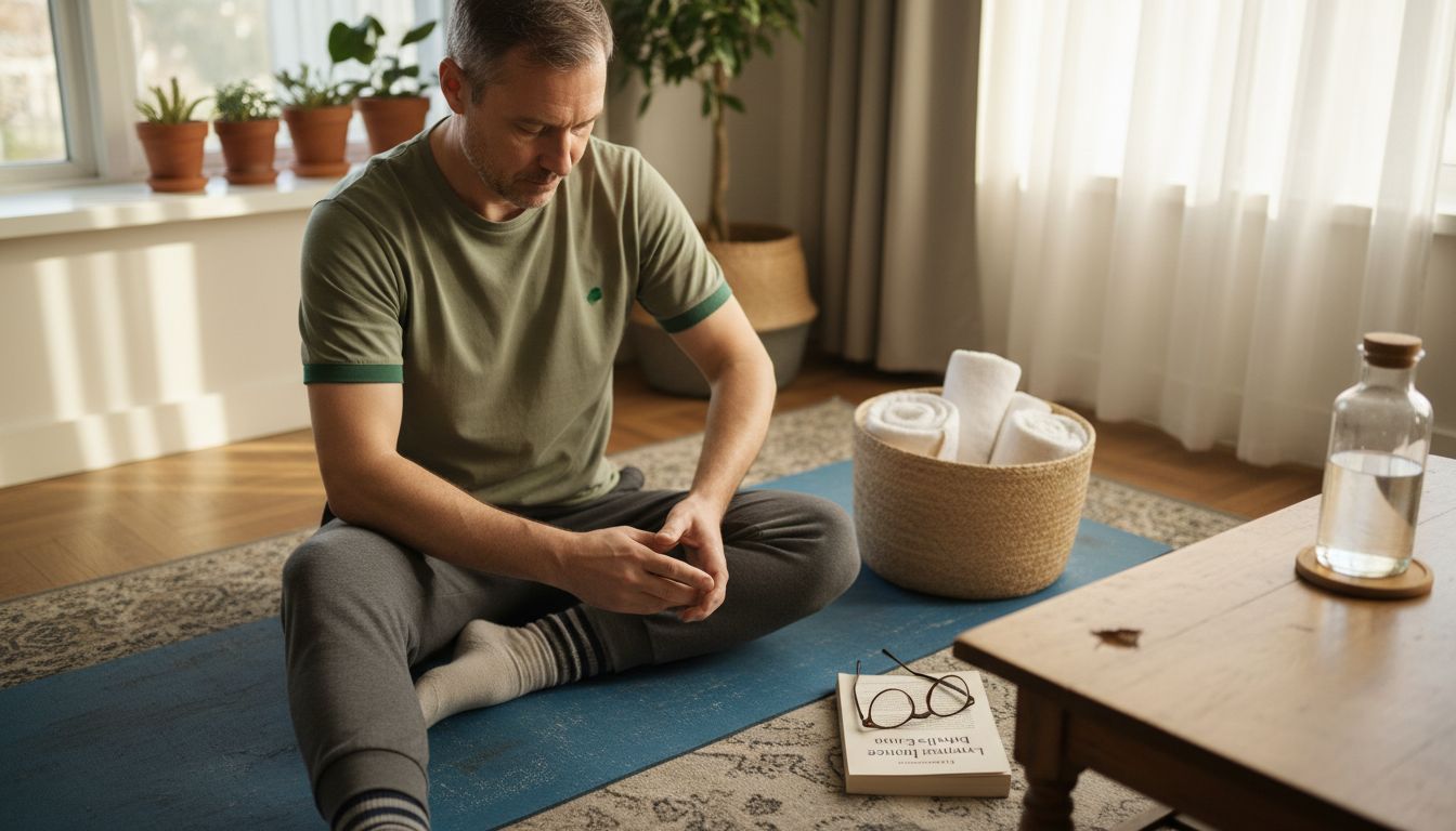 Man practicing lymphatic massage on yoga mat