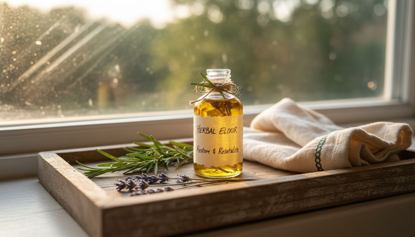 Herbal oil bottle with fresh herbs on tray