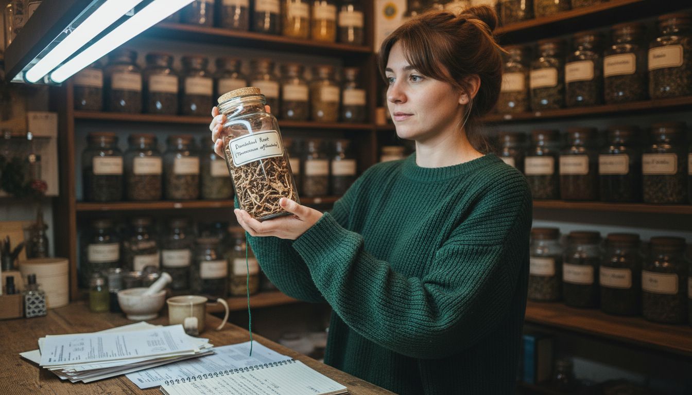 Herbalist inspecting jar of dried herbs