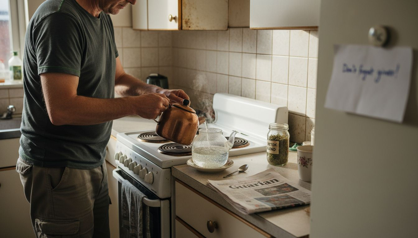 Man preparing detox tea in city kitchen