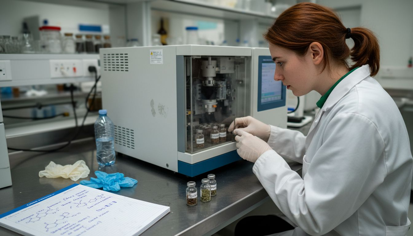 Lab technician analyzing herbal infusion compounds