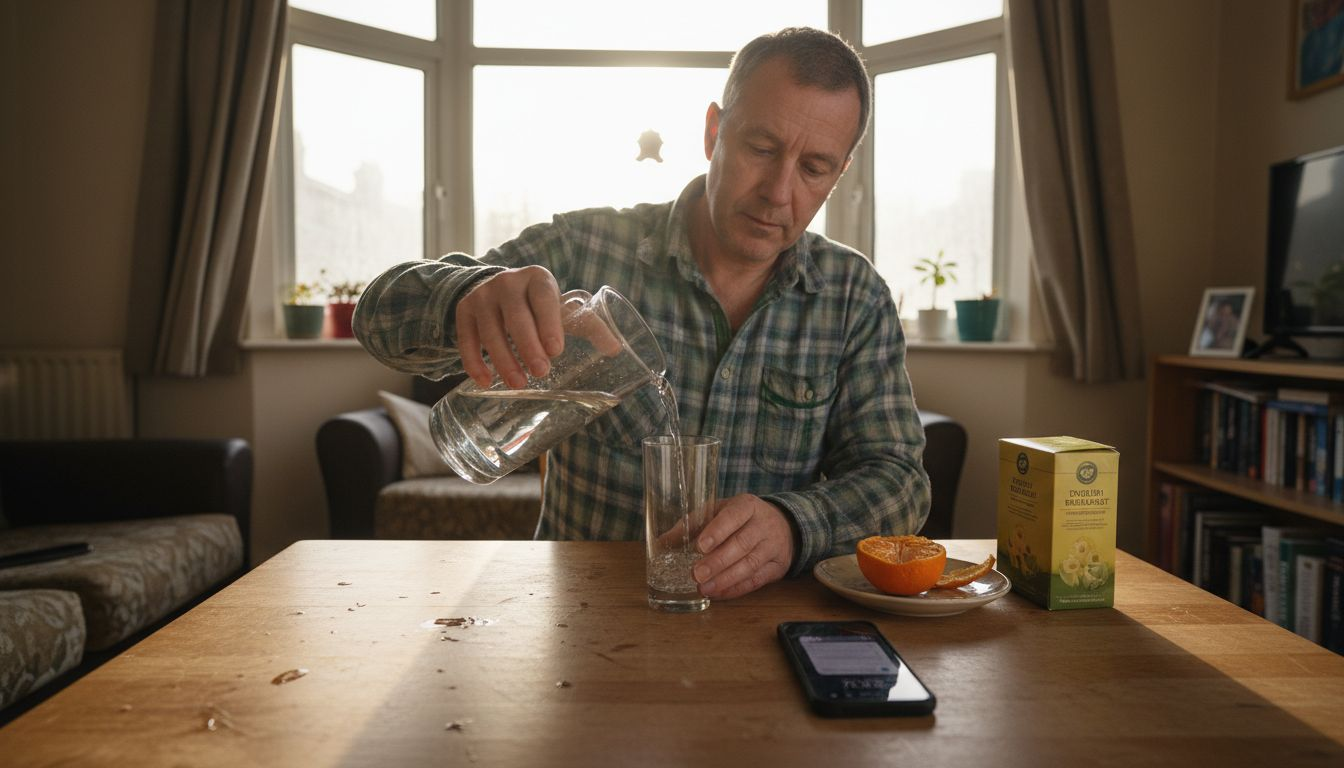 Man pours water at kitchen table