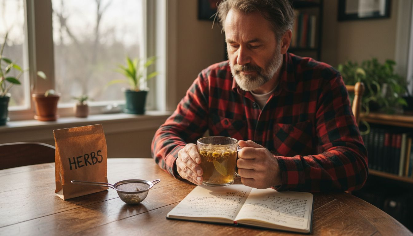 Man steeping chamomile and dandelion herbal infusion