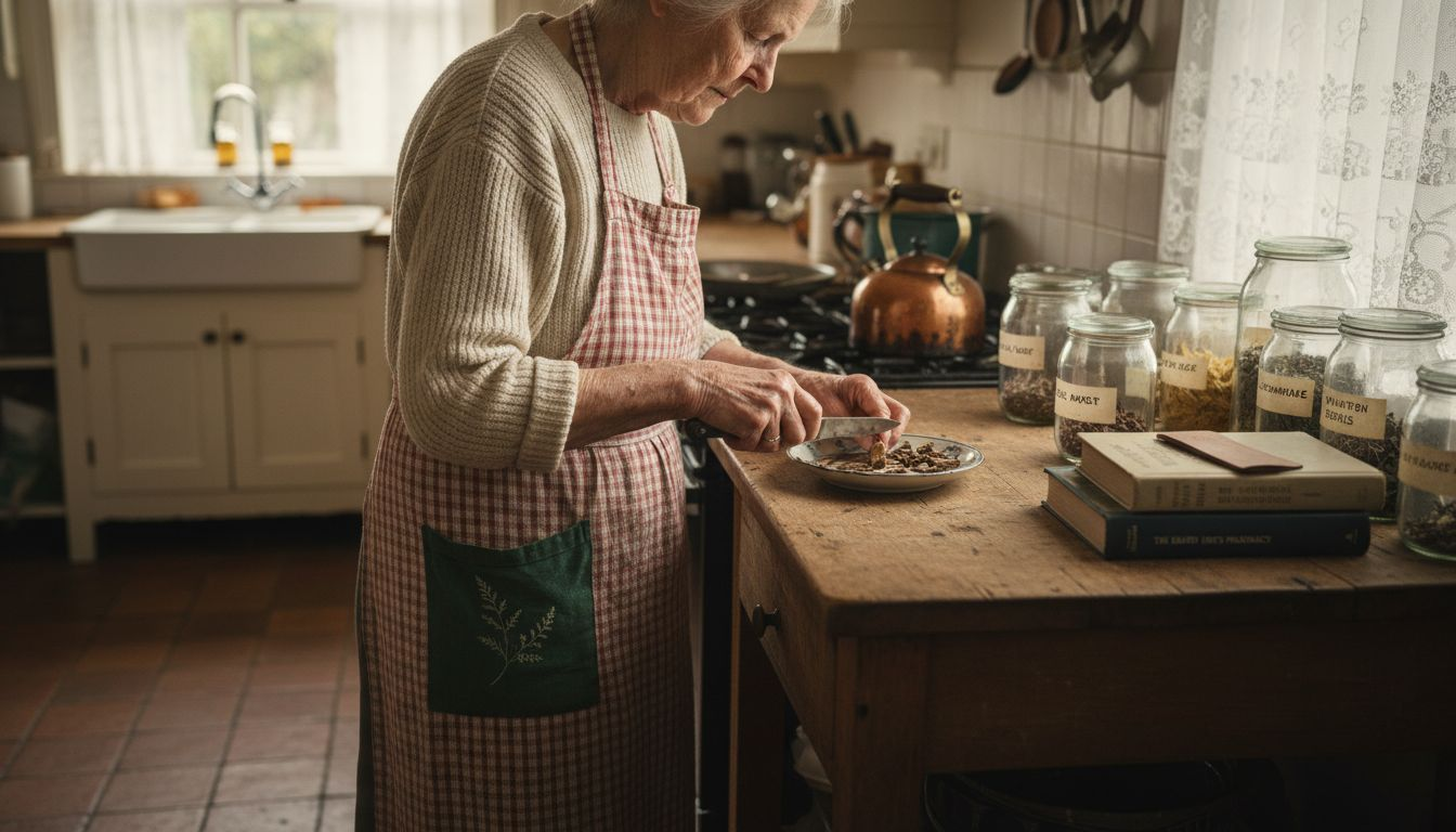 Herbalist slicing poke root in home kitchen