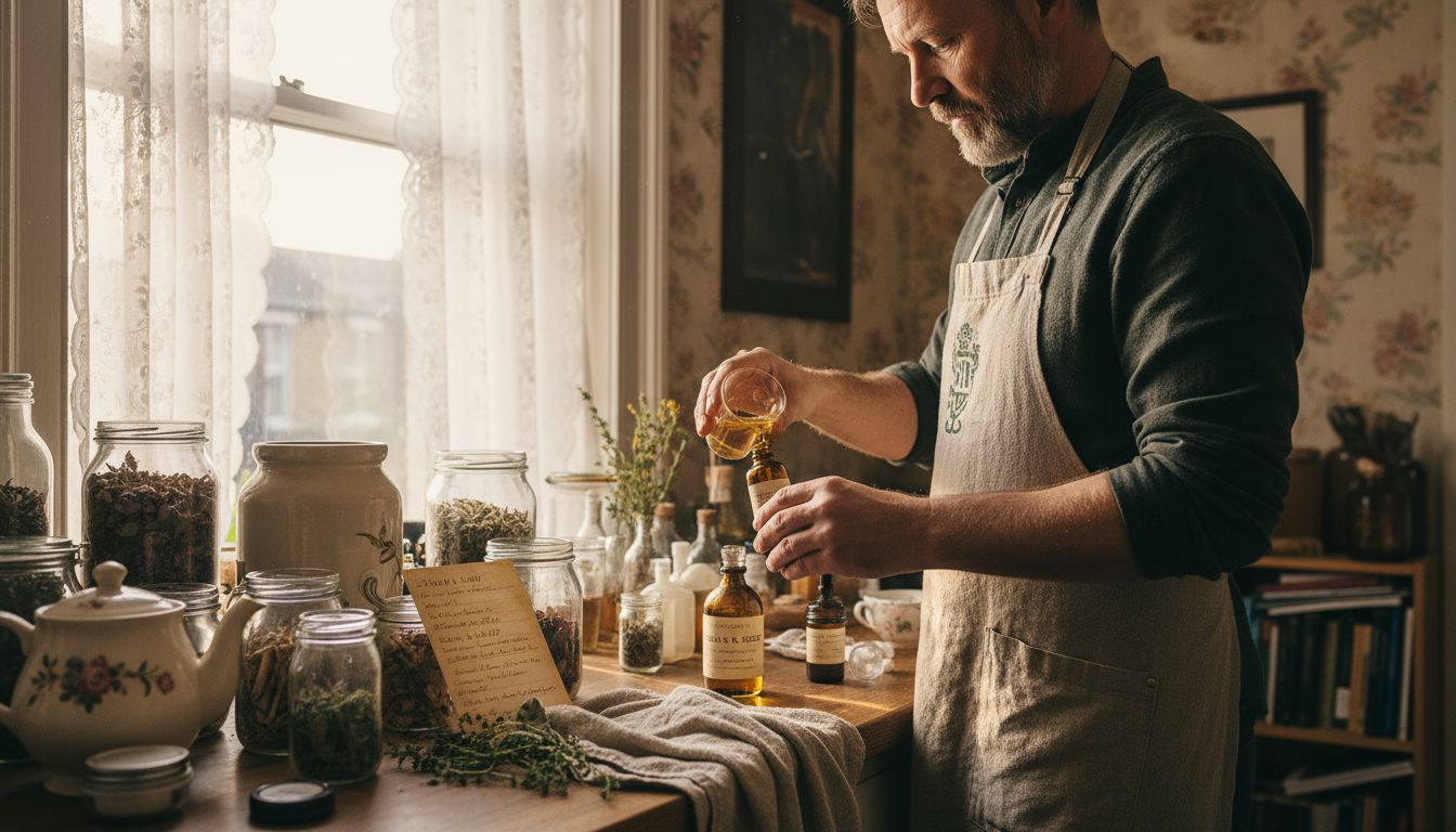 Man preparing herbal tinctures in home kitchen