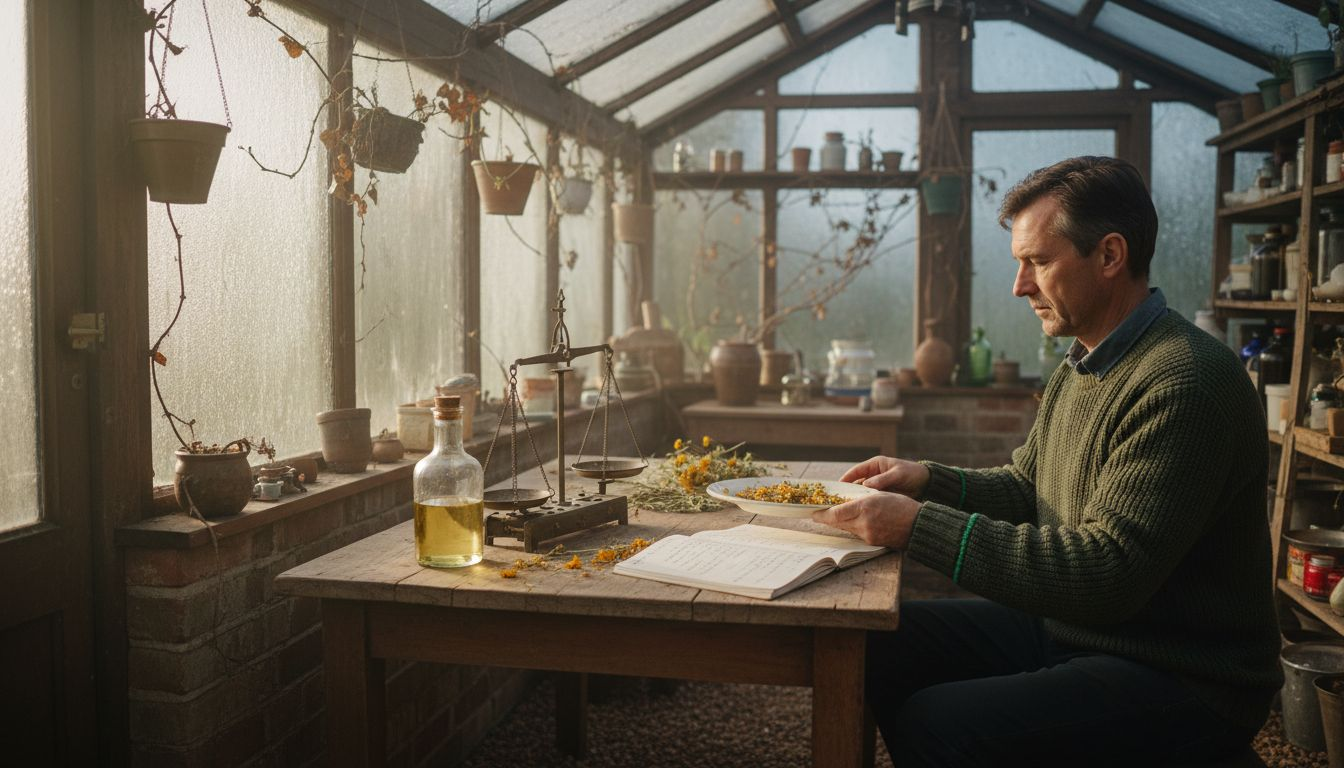 Man weighing herbs for oil infusion