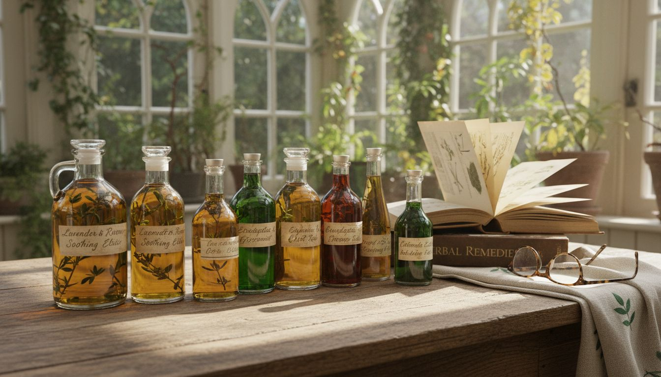 Assorted herbal oil bottles on wooden table