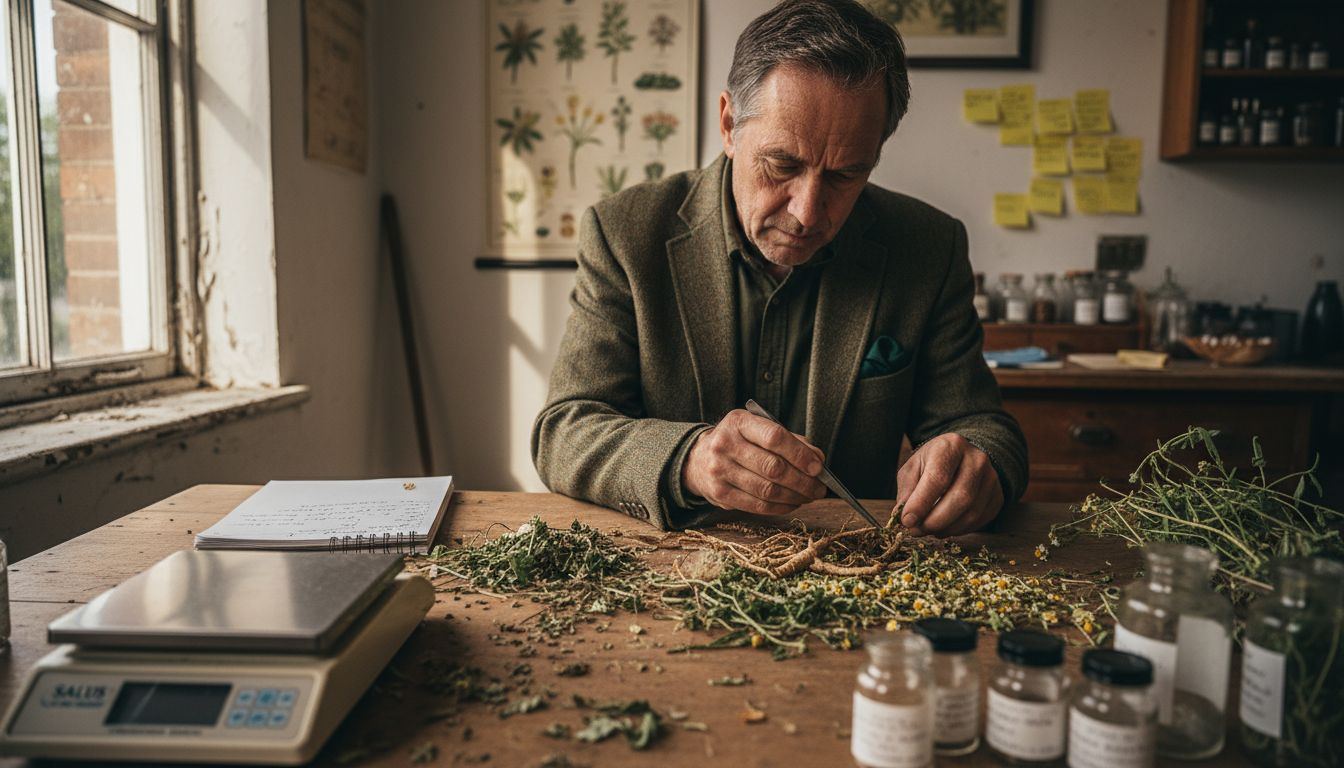 Man inspecting dried herbs for infusion