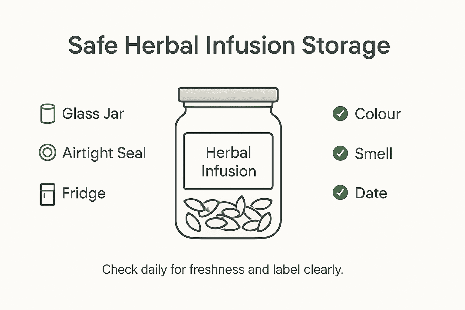 Infographic showing safe herbal infusion storage steps