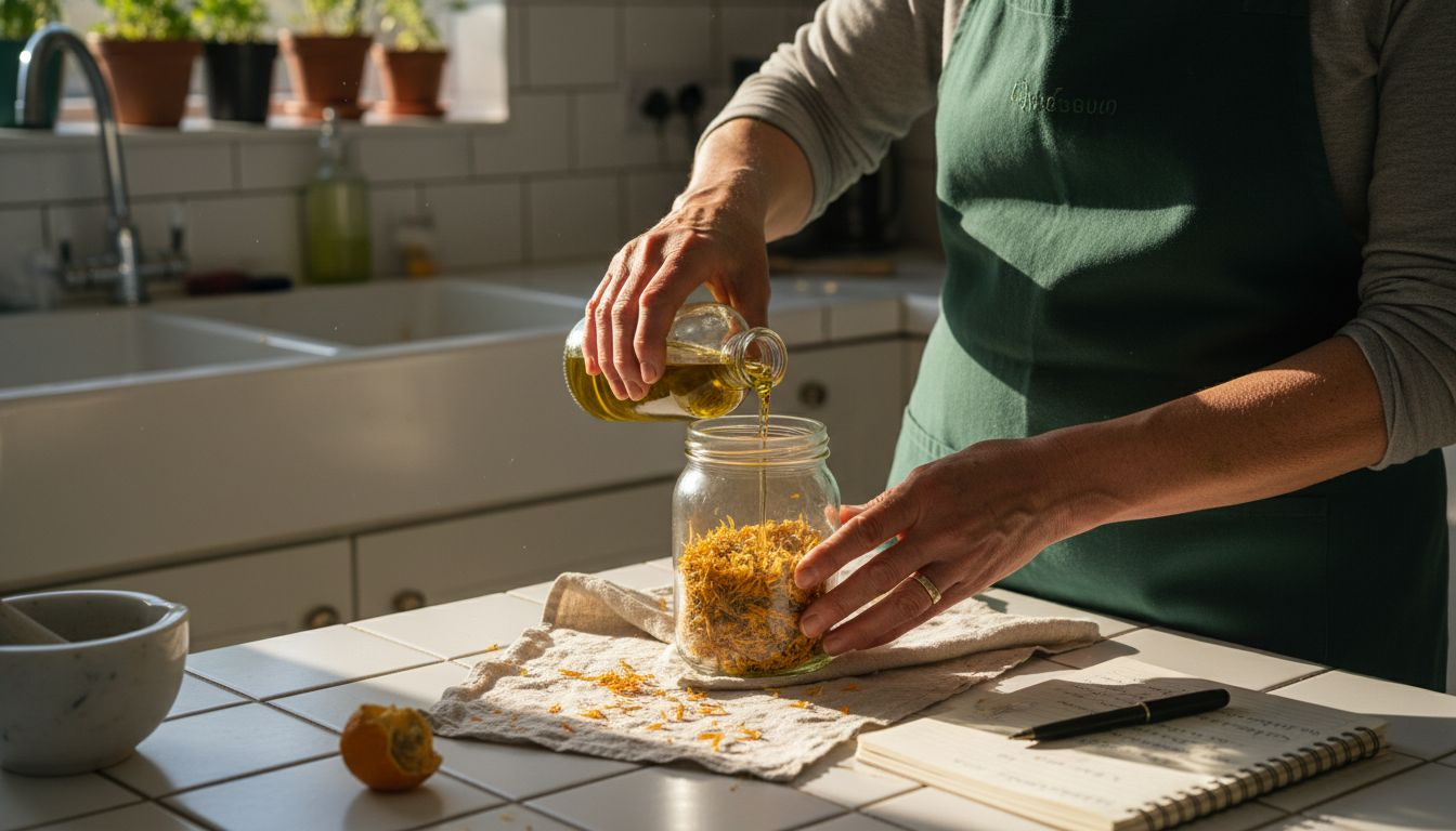 Homemade infused oil preparation at kitchen counter