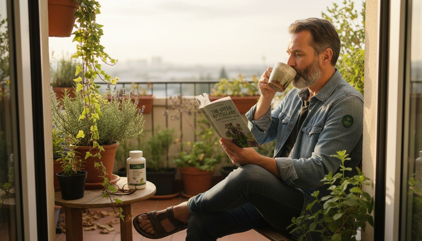 Man reading about herbs with plants on balcony