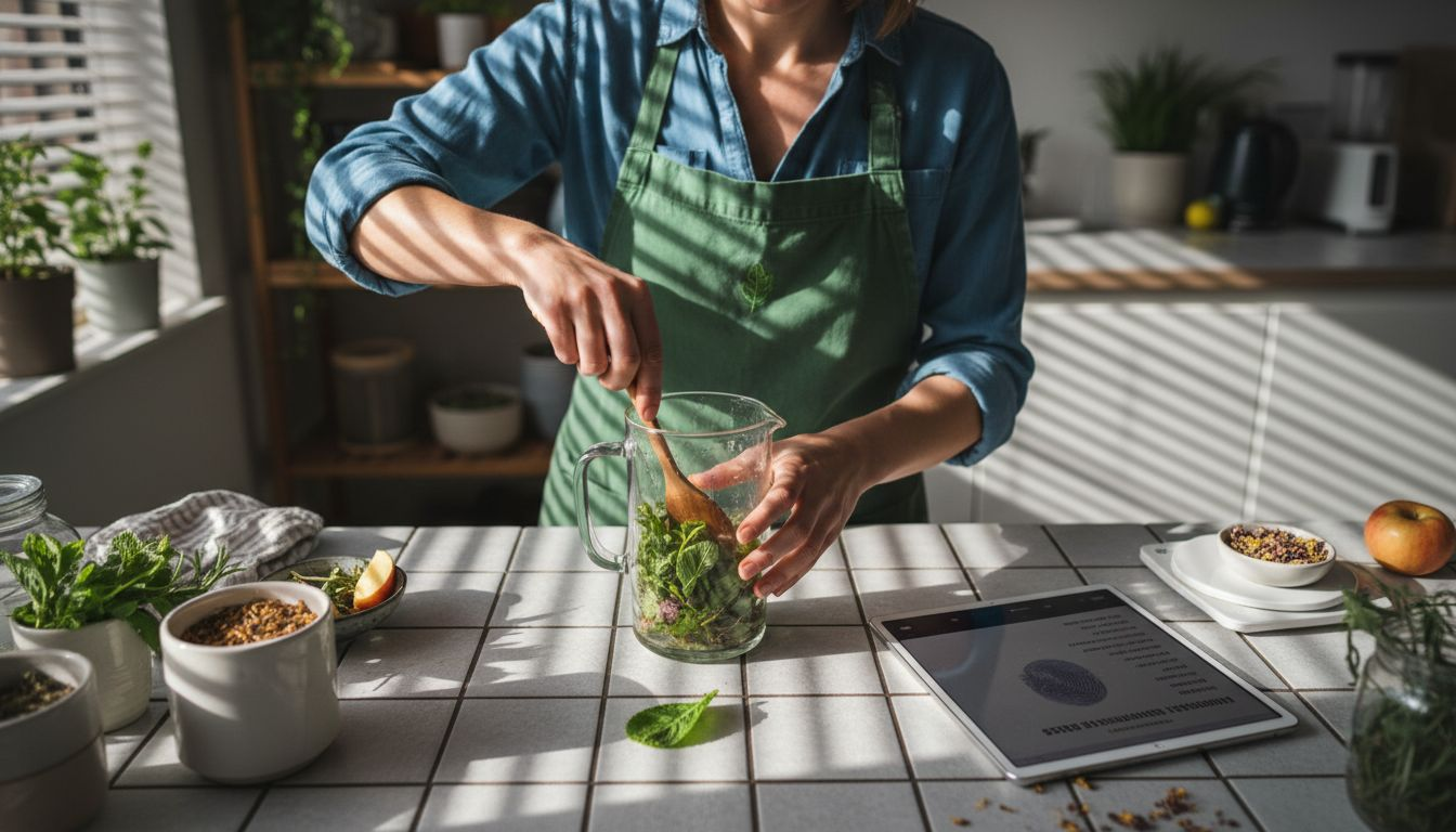 Nutritionist preparing herbal blends in city kitchen