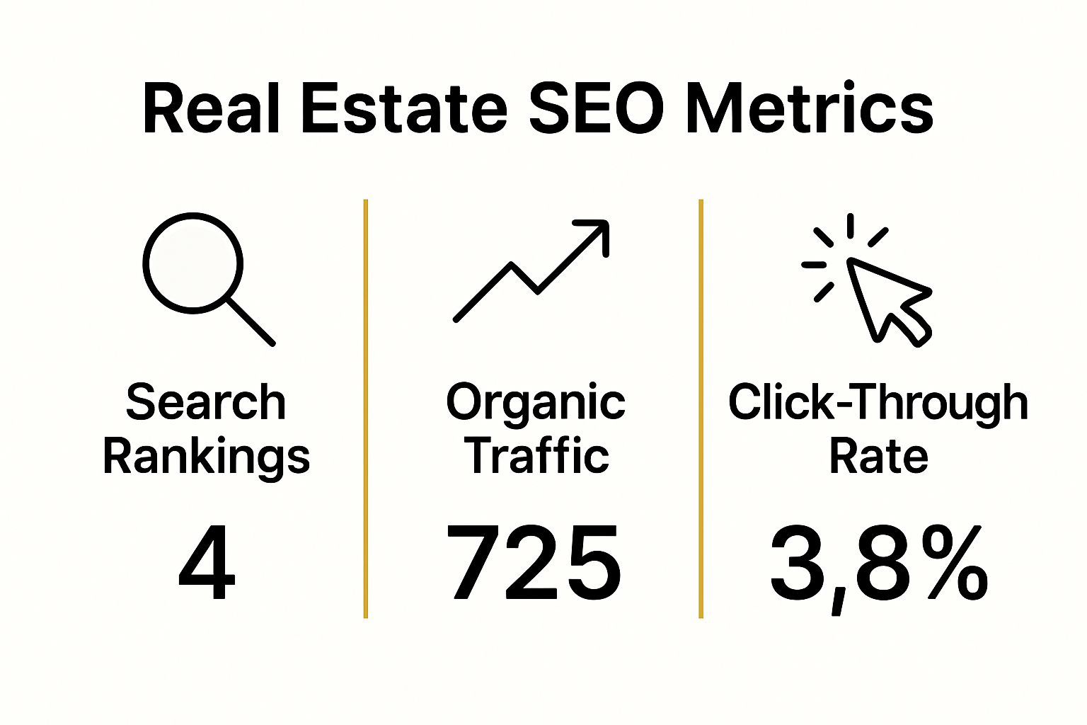 Infographic comparing three core real estate SEO metrics side by side