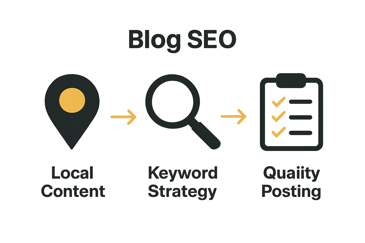 Three-step infographic illustrating local content, keyword strategy, and posting quality for real estate blog SEO.