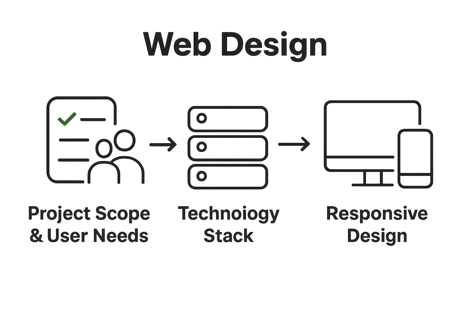 Infographic showing steps: define scope, select tech, design responsive interface.