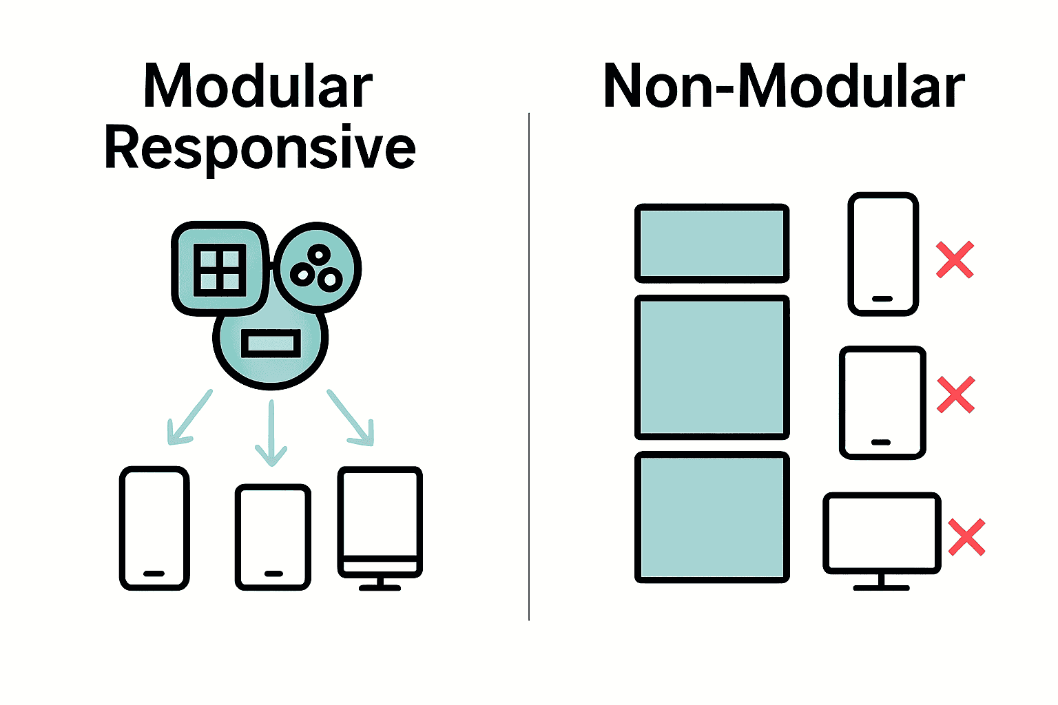 Modular responsive system vs non-modular comparison infographic