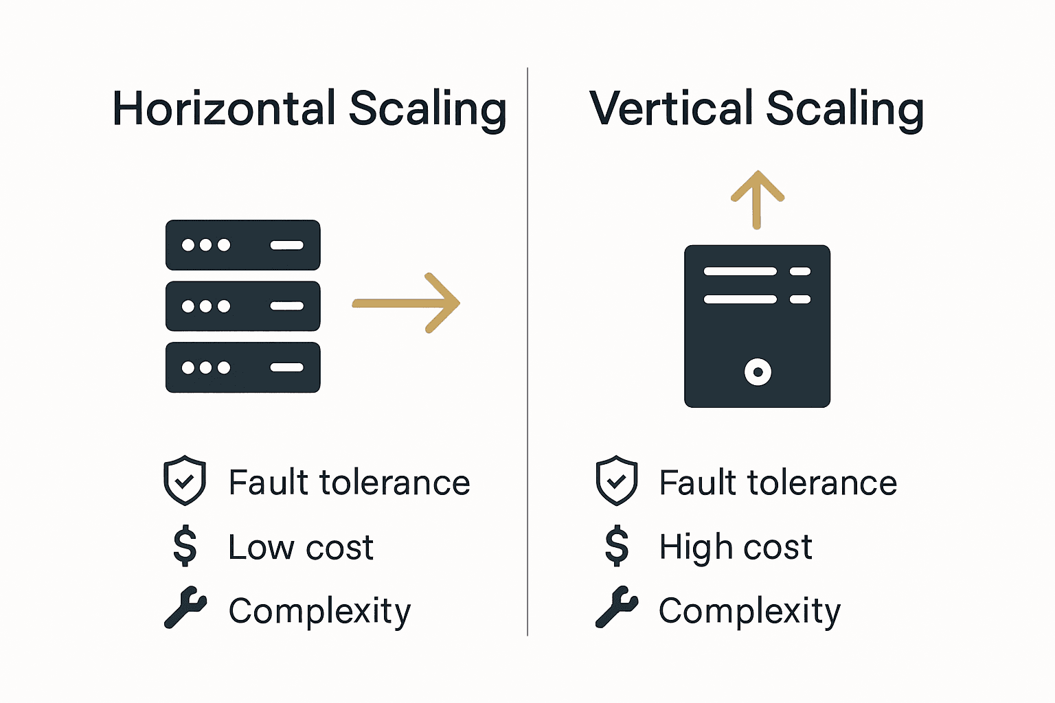 Comparison infographic: horizontal vs vertical scaling with icons and features listed.