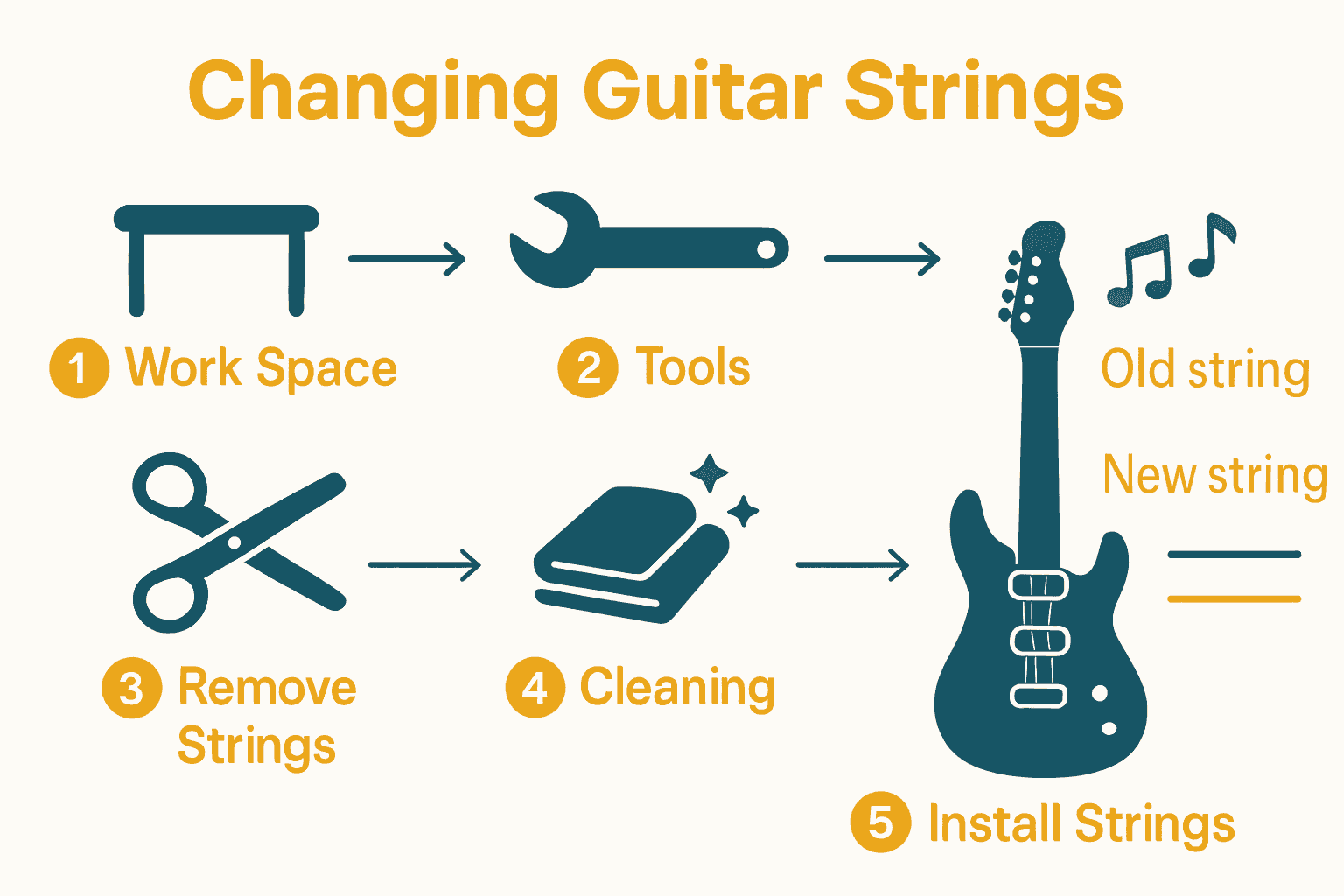 Infographic with five steps for changing electric guitar strings, including workspace preparation, tools, string removal, cleaning, installation, and tuning.