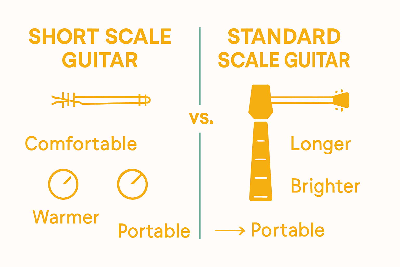 Short scale vs standard scale guitar infographic with key differences