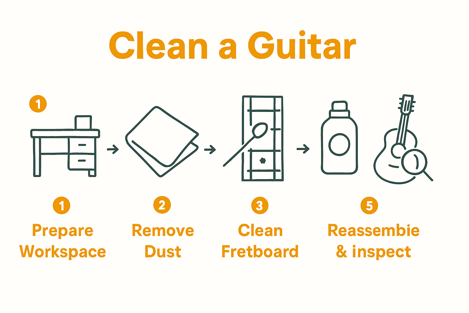 Infographic showing 5 steps to clean a guitar professionally