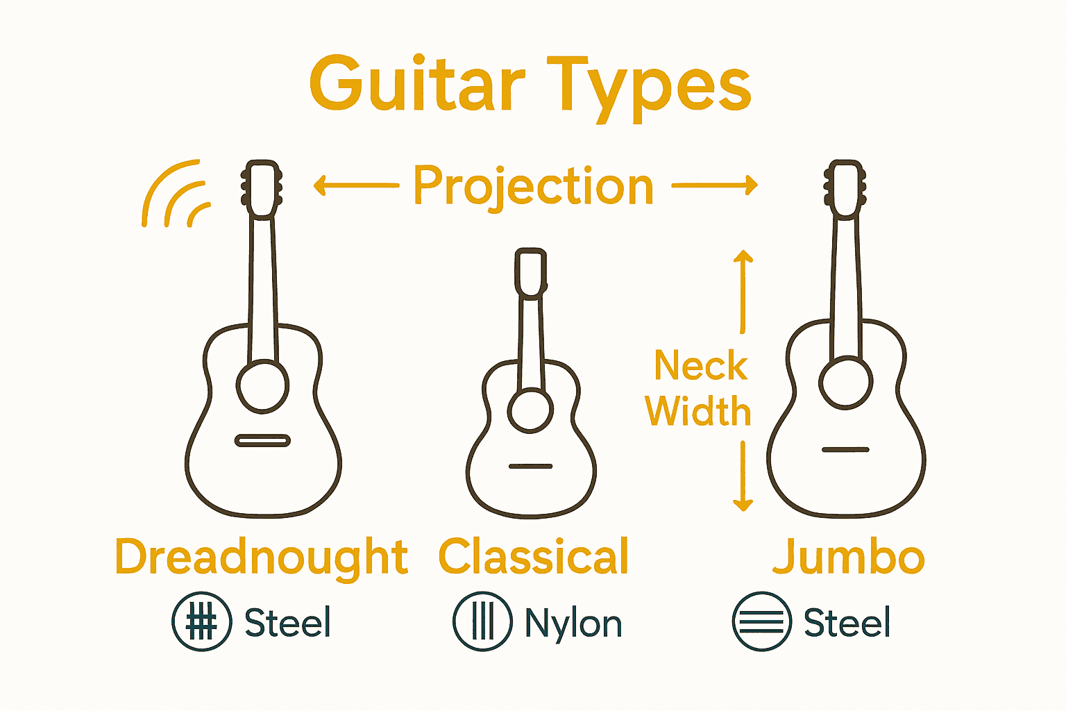 Comparison between dreadnought, classical, and jumbo guitars with notes on size, strings, and projection.