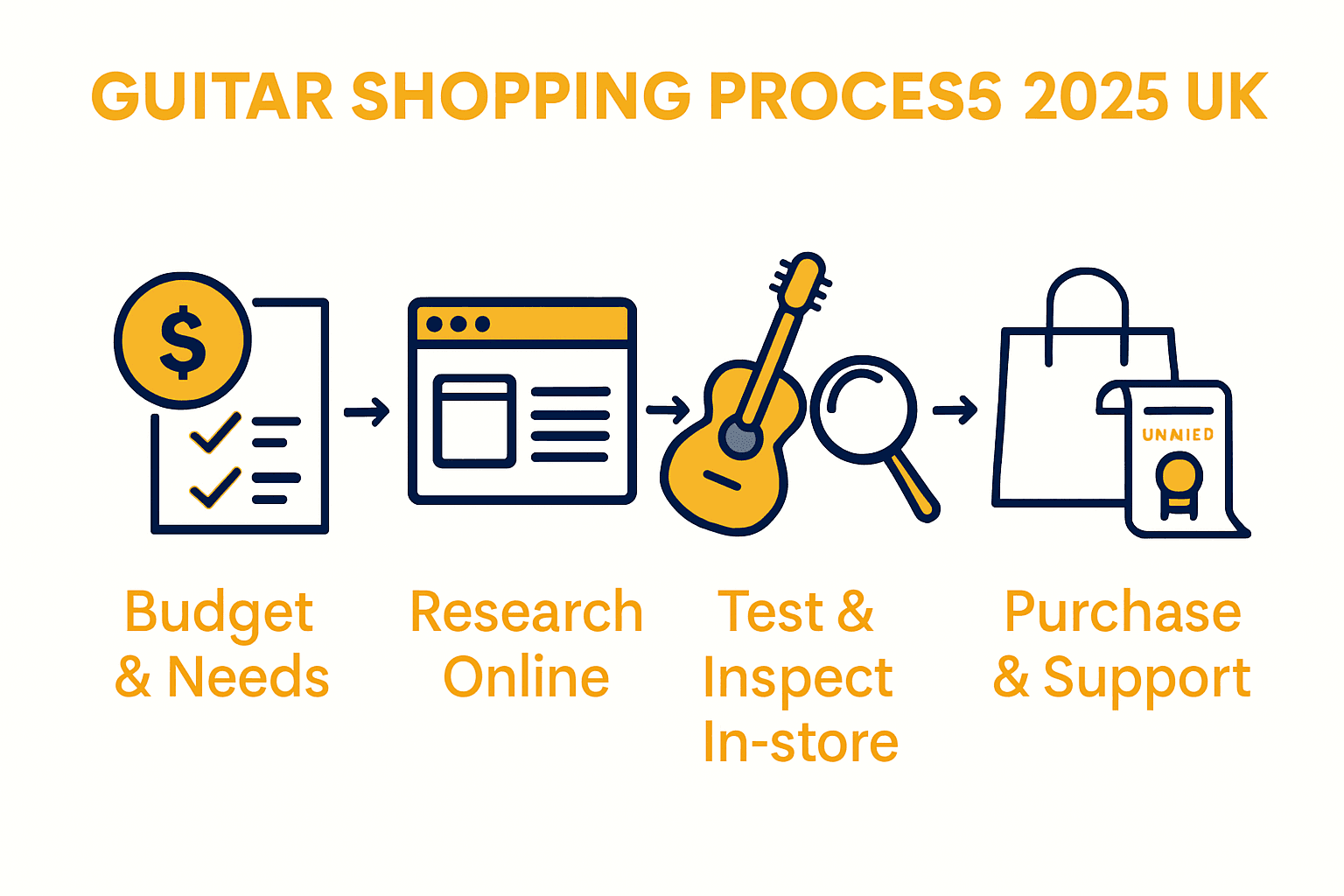 Stepwise infographic showing guitar shopping steps: needs, research, testing, purchase.