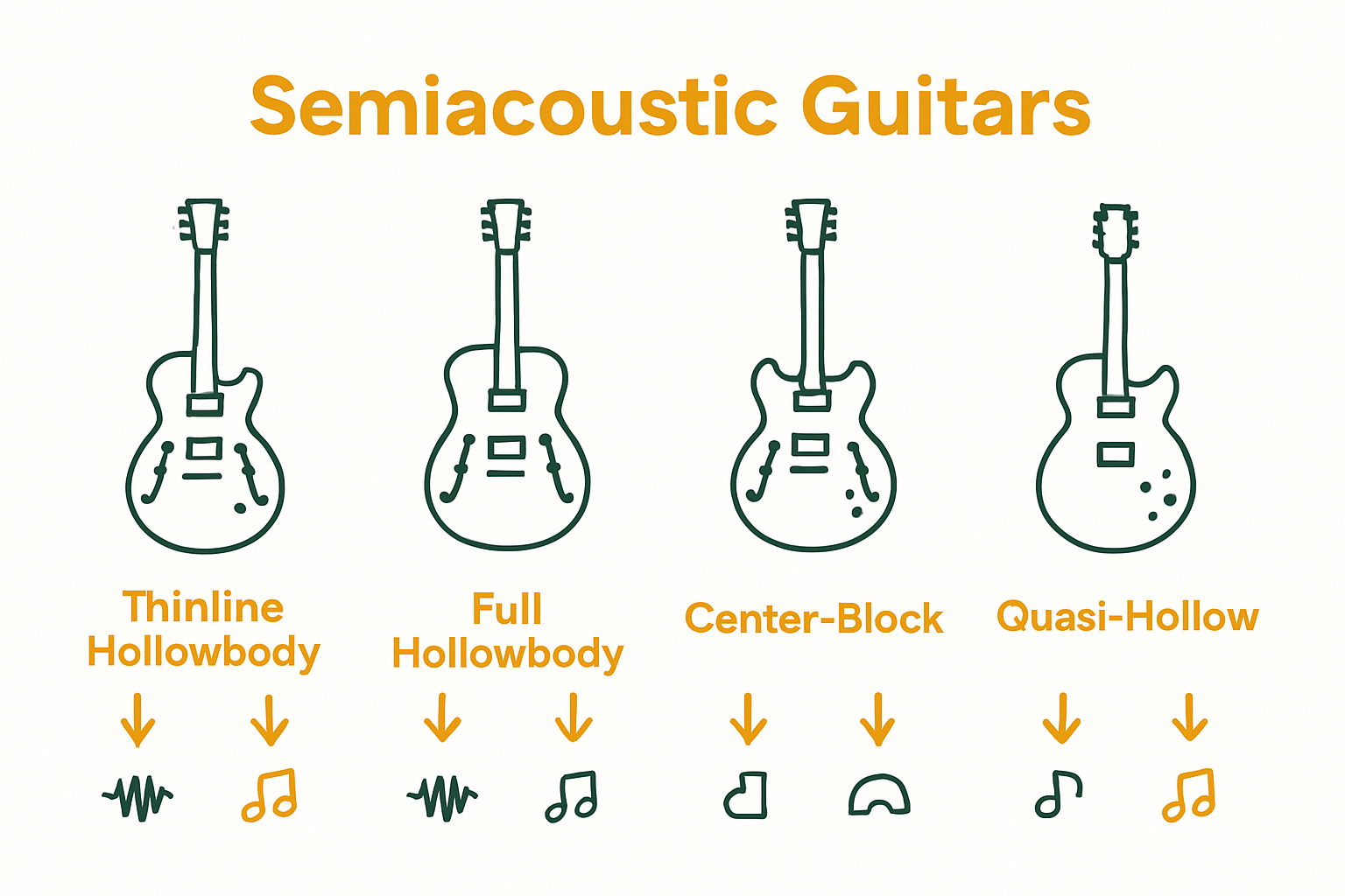 Infographic comparing main types of semiacoustic guitars and their features.