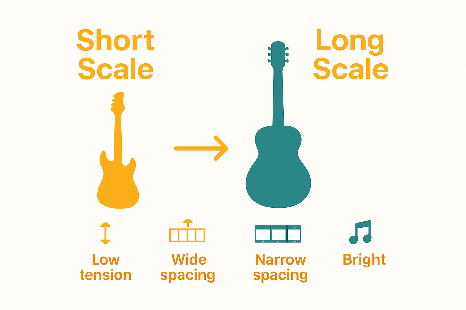 Infographic side-by-side short scale and long scale guitar features