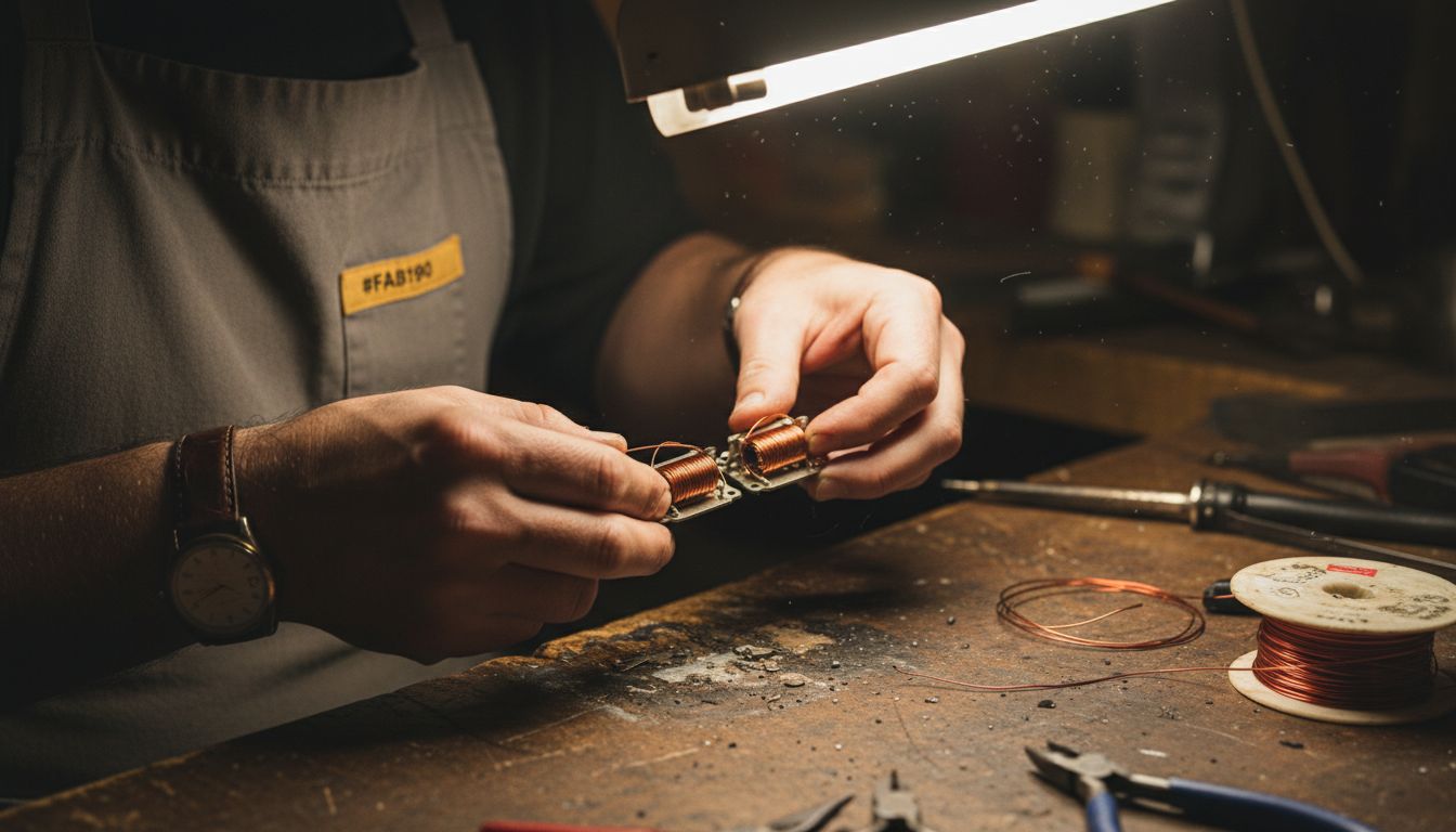 Closeup technician assembling humbucker pickup coils