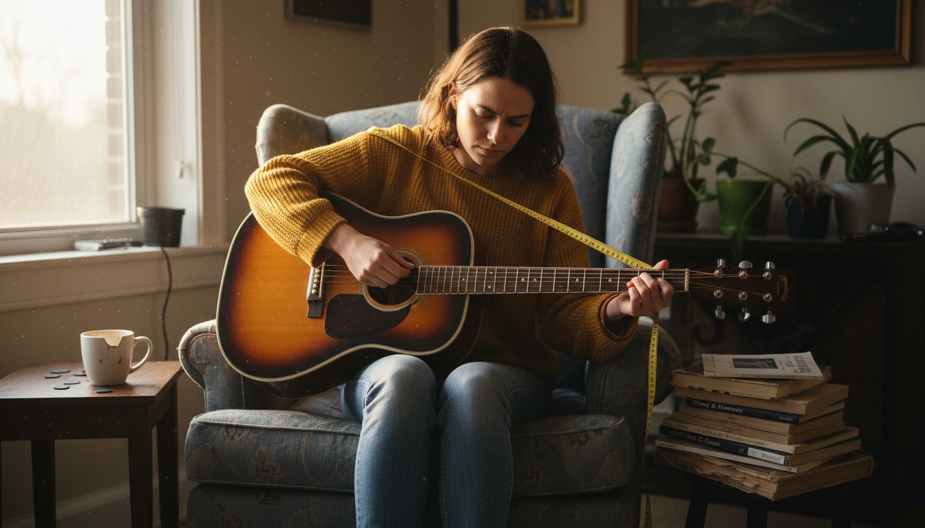 Woman measuring guitar strap seated