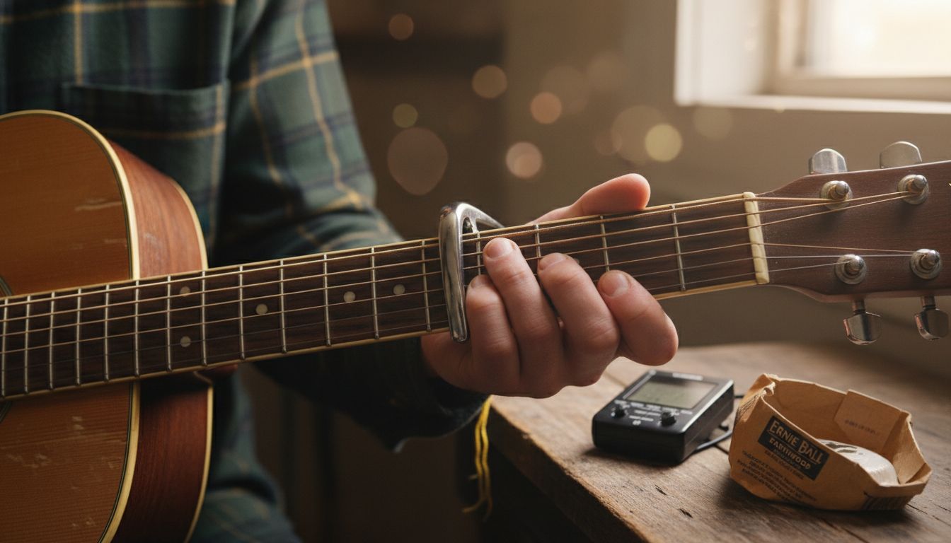 Hands positioning capo behind guitar fret