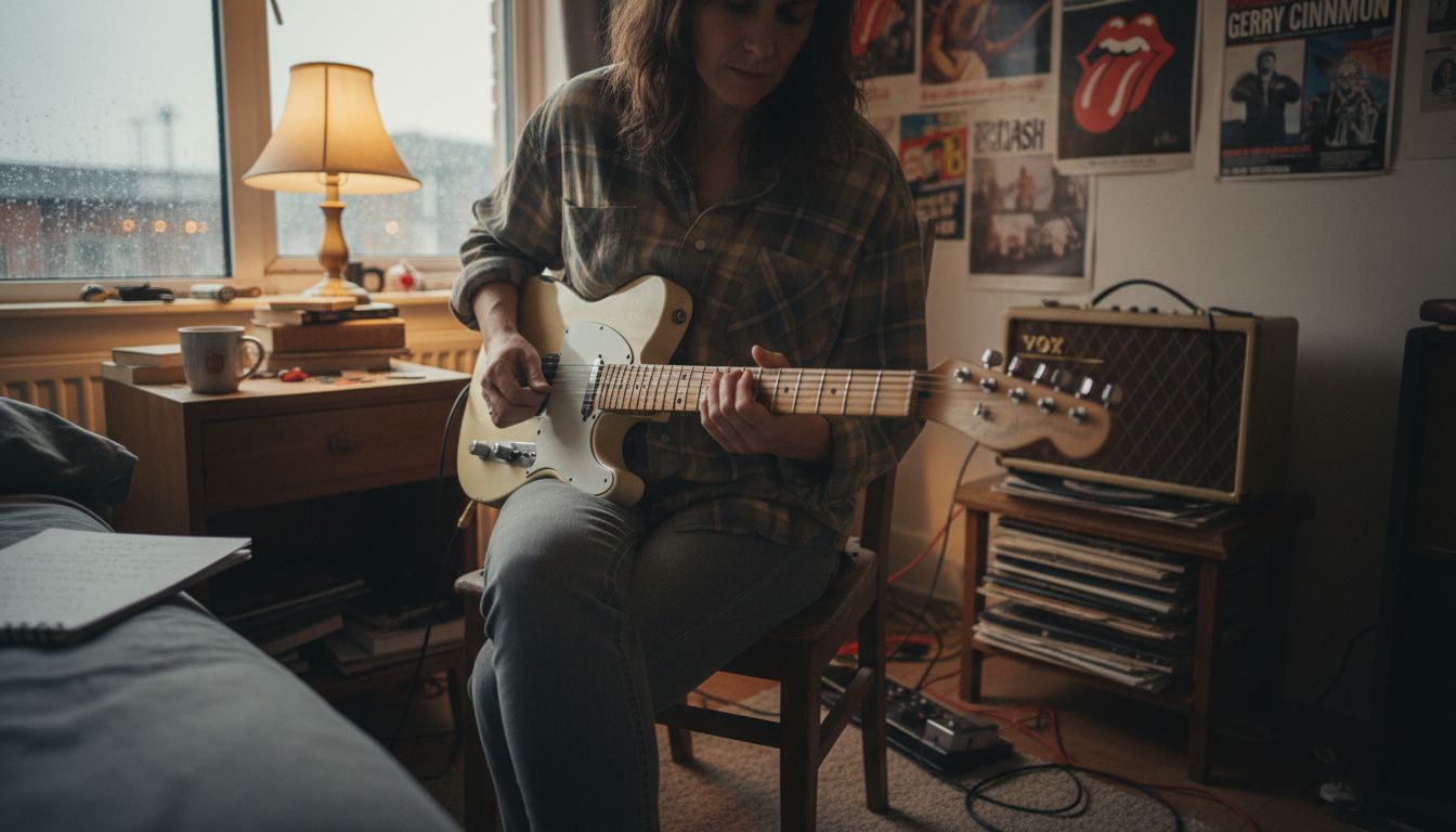 Woman playing single coil guitar at home