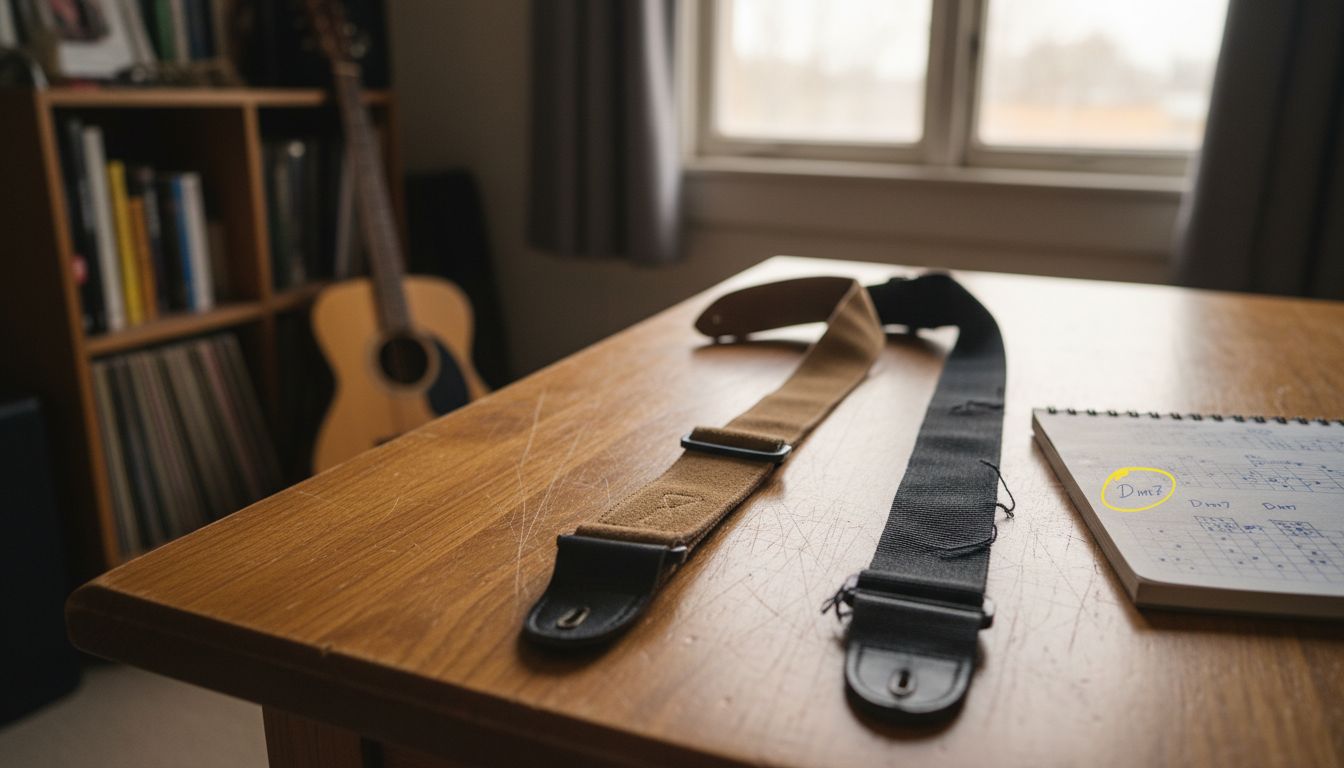 Suede and nylon guitar straps detail view