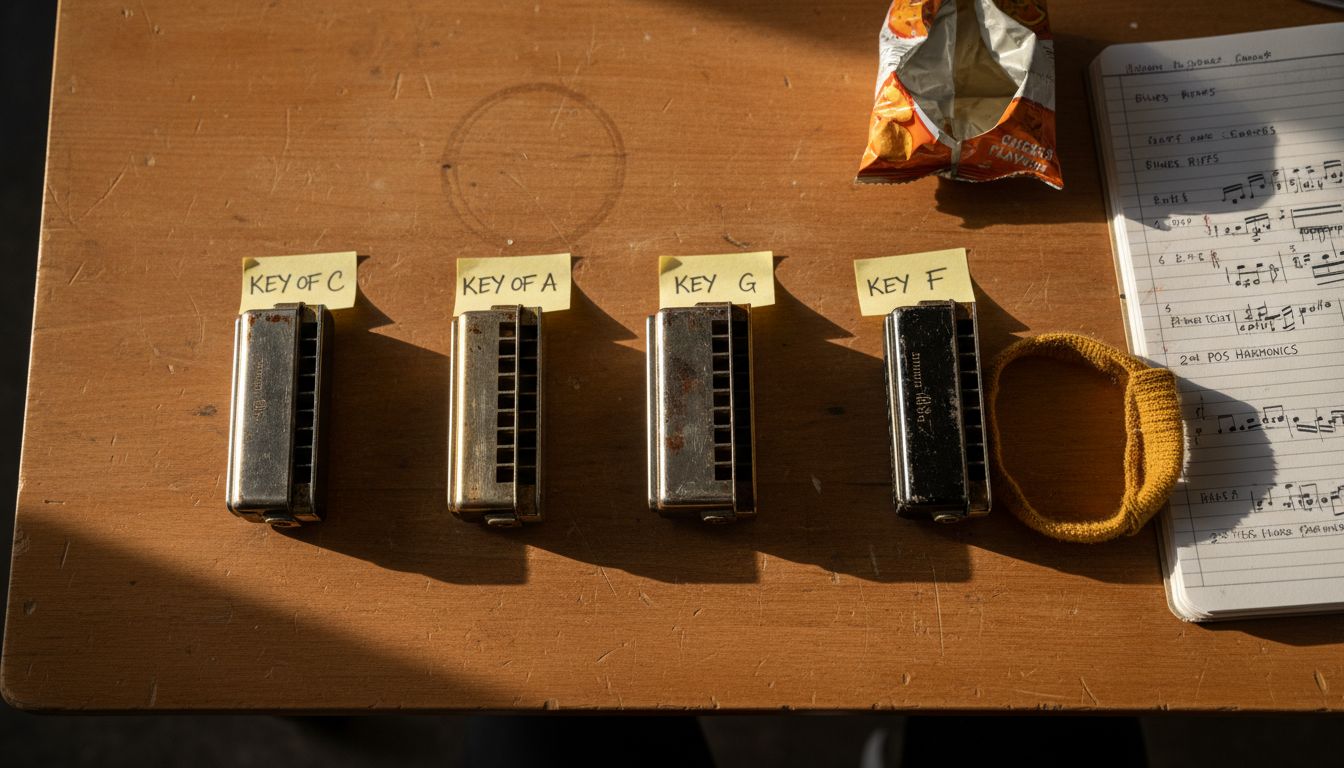Close-up of harmonicas labeled with keys