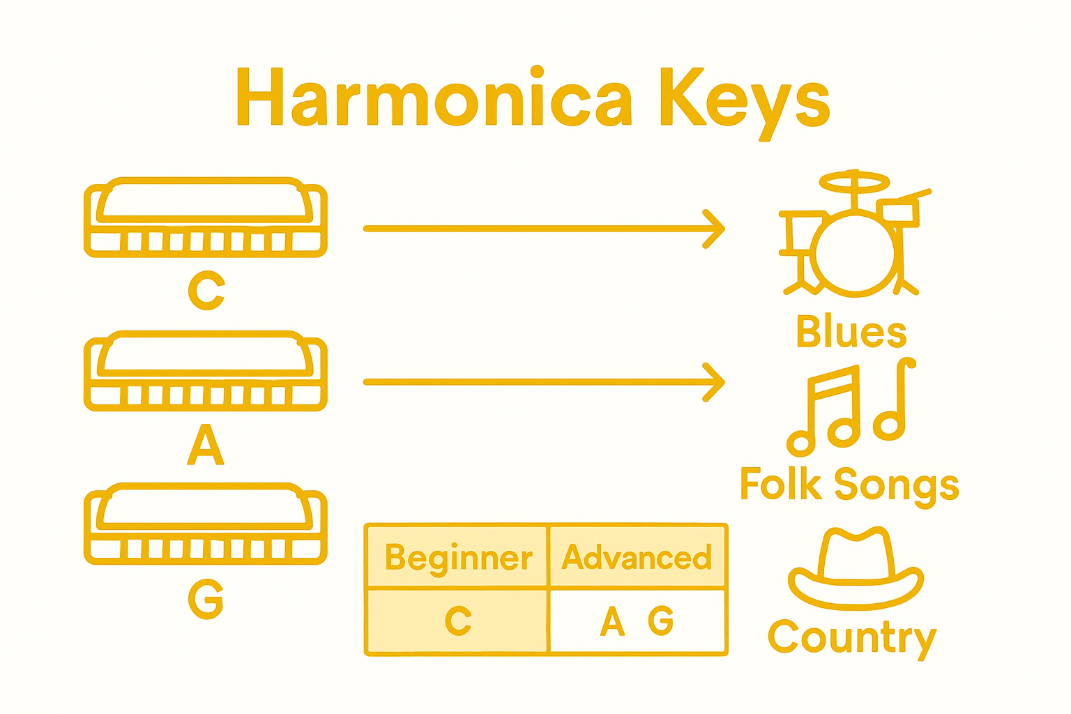 Infographic comparing harmonica keys and uses