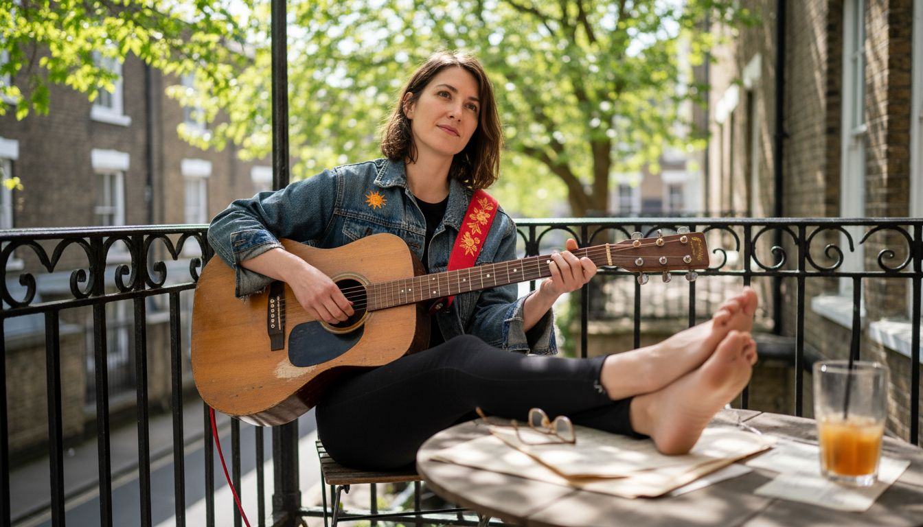Player using nylon guitar strap on balcony