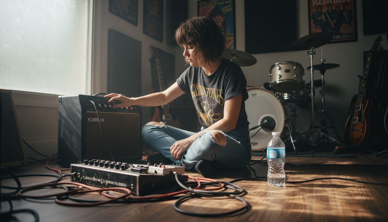 Guitarist adjusting hybrid amp modeller in studio
