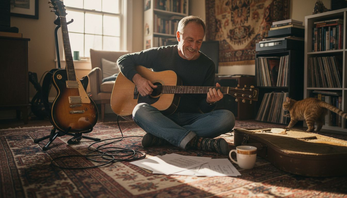 Teacher shows acoustic and electric guitar sound